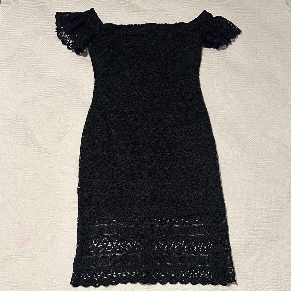 bebe Black Lace Off-Shoulder Mini Dress